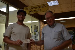 Matt Miller of Audubon Society present check of $2800.00 to Glenn Pollock of LHPS for restoration work at Vincent Bluffs State Preserve
